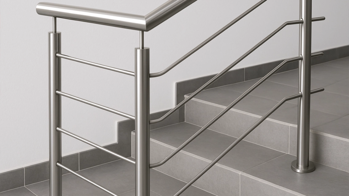 Barandilla metálica de acero inoxidable en escalera con baldosas grises